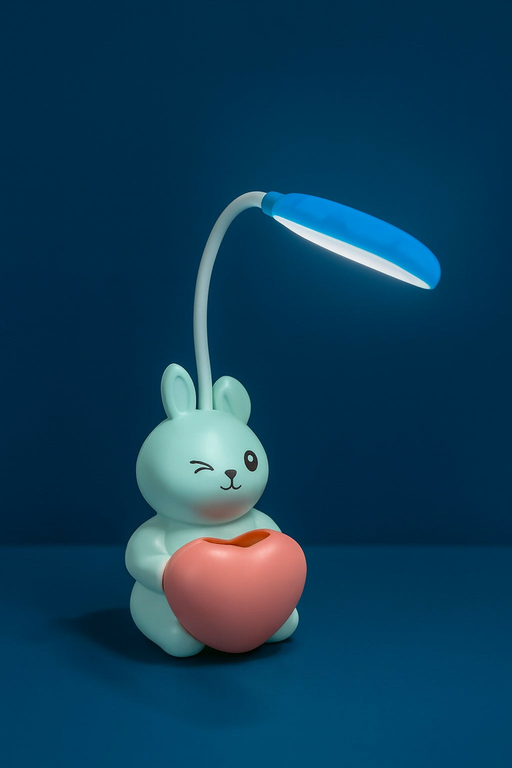 Blue Bunny LED Desk Lamp with Heart Pen Holder – USB Rechargeable Flexible Gooseneck Eye Protection Study Light for Kids, Cute Night Lamp for Bedroom, Study Table & Gift