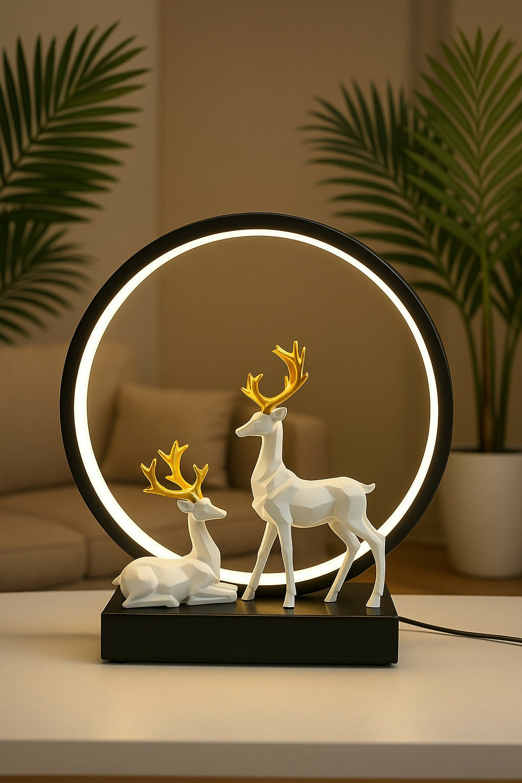 HOME DECOR Modern LED Ring Deer Figurine Showpiece – Elegant White Resin Deer Couple with Golden Antlers and Ambient Light – Designer Table Lamp Sculpture for Home Decor, Bedroom, Office & Gifting