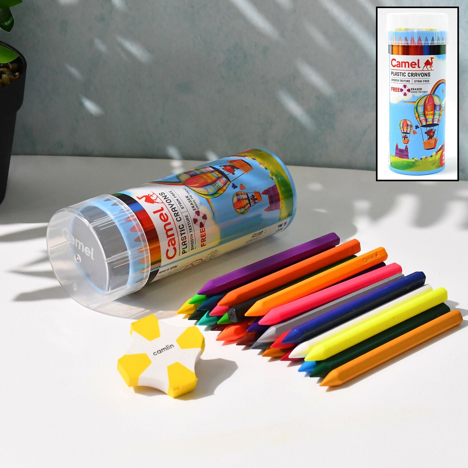 Camel Plastic Crayons 28 Assorted Shades with Free Eraser (Smooth & Stain-Free Colours)