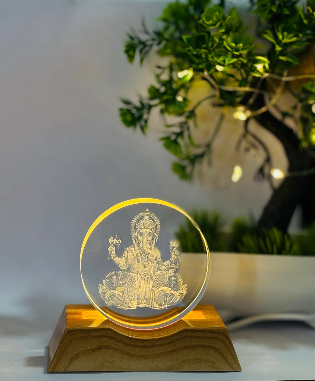 Lord Ganesha Sitting 3D Acrylic LED Night Lamp with Wooden Base – USB Powered Warm Light Spiritual Table Decor | Laser Engraved Crystal Lamp for Pooja Room, Office & Festive Gifting