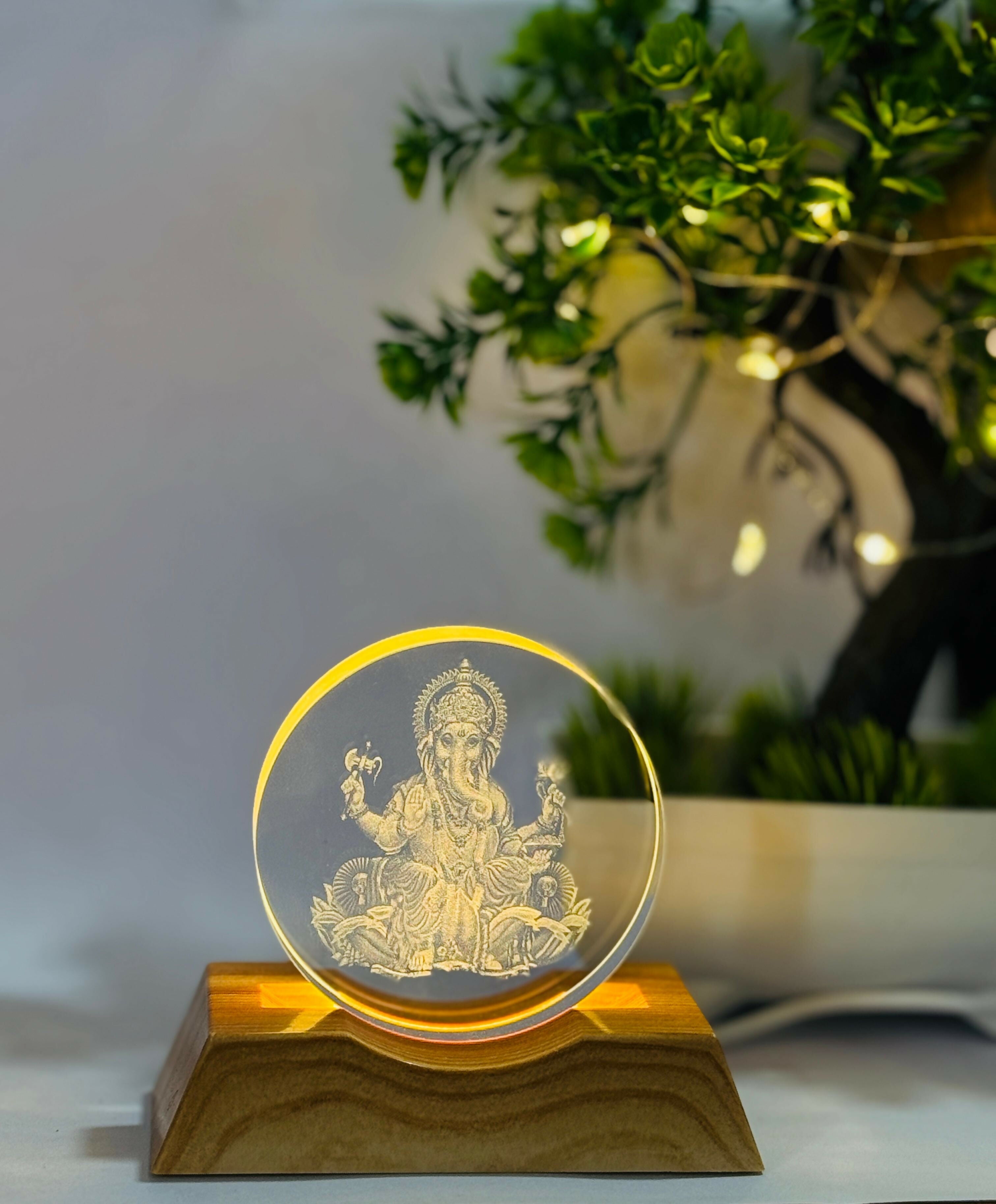 Lord Ganesha Sitting 3D Acrylic LED Night Lamp with Wooden Base – USB Powered Warm Light Spiritual Table Decor | Laser Engraved Crystal Lamp for Pooja Room, Office & Festive Gifting