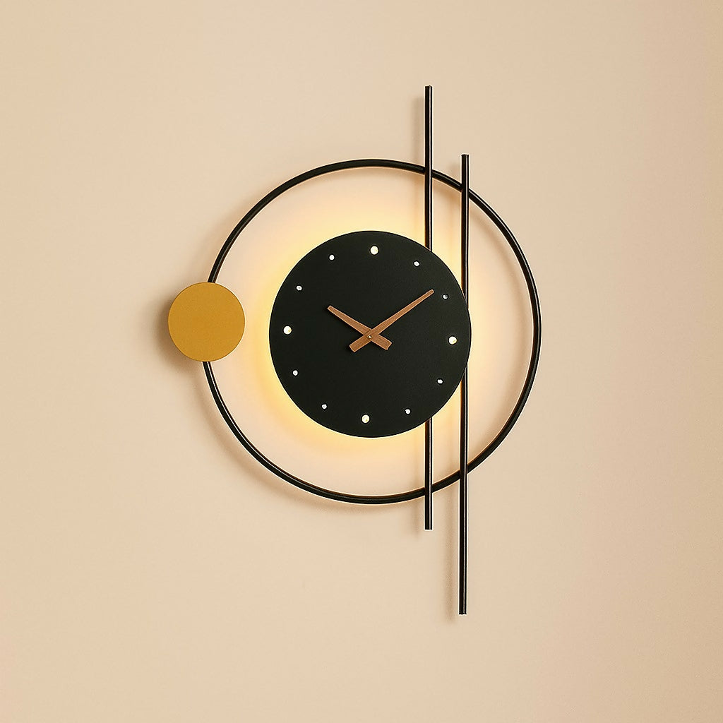 HOME DECOR Modern Geometric LED Wall Clock – Designer Black & Gold Circle Wall Clock with Backlit Lighting for Living Room, Bedroom & Office – Stylish Silent Decorative Clock for Contemporary Home Interiors