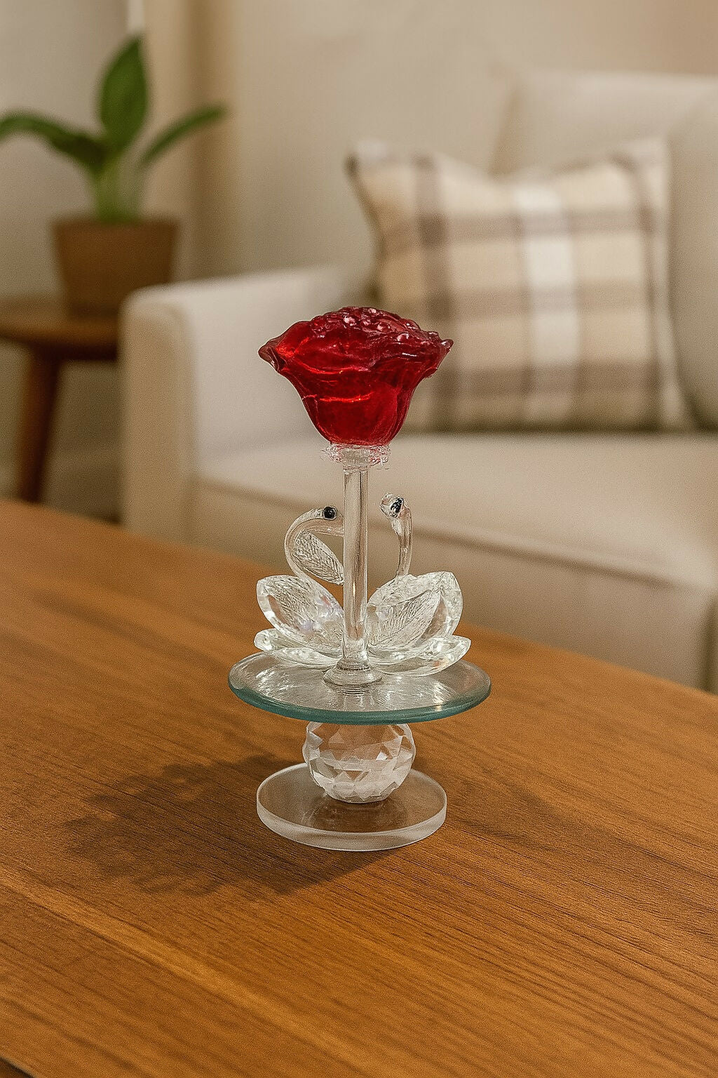 Crystal Swan Couple Showpiece with Red Rose and Glass Pedestal – Romantic Decorative Gift for Anniversary, Valentine’s Day & Home Decor