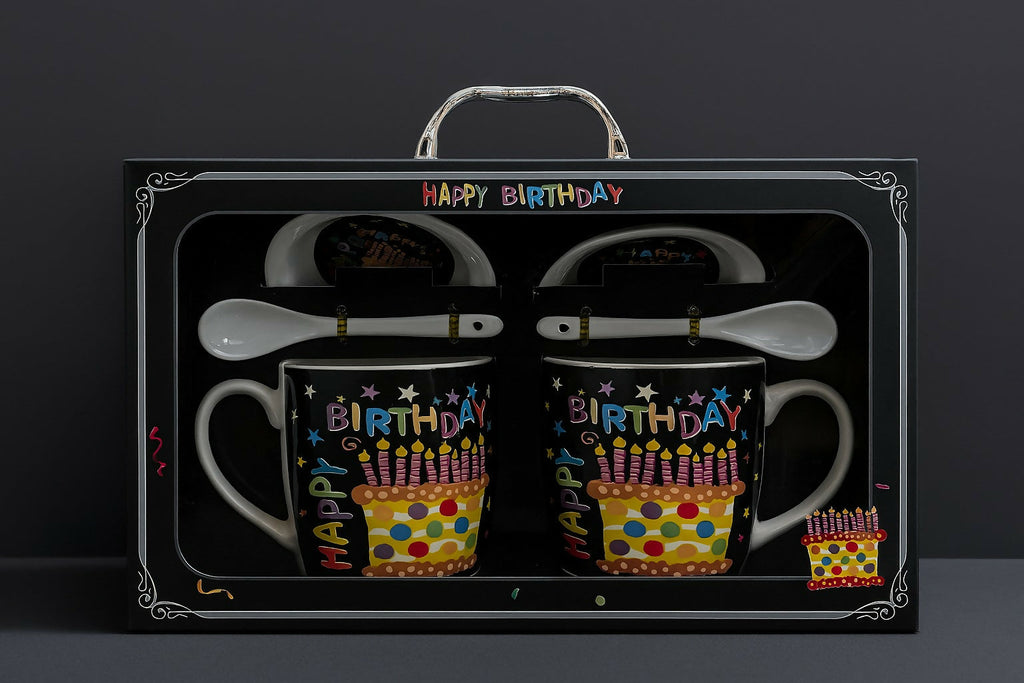Happy Birthday Ceramic Mug Gift Set – Set of 2 Printed Coffee Mugs with Spoons in Premium Box – Colorful Birthday Cake Design – Gift for Men, Women, Friends & Family