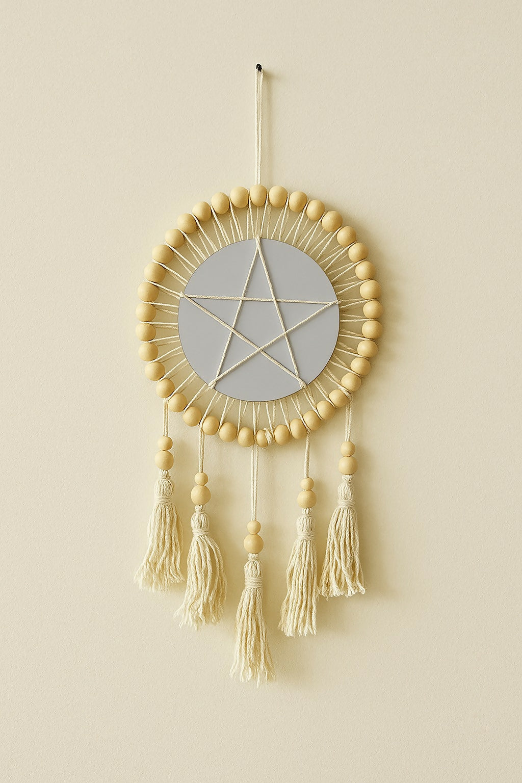 HOME DECOR Boho Wall Hanging Mirror with Wooden Beads and Tassels – Handmade Round Decorative Mirror for Living Room, Bedroom, Entryway, or Modern Bohemian Home Décor