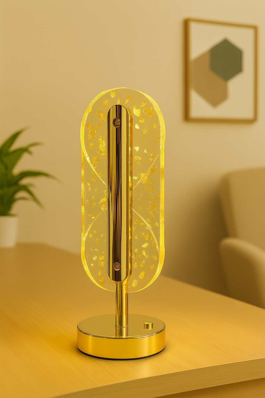 HOME DECOR Luxury Golden Crystal LED Decorative Table Lamp with Floating Gold Leaf Design – Modern Accent Light for Bedroom, Living Room, Office, Home Decor & Gifting