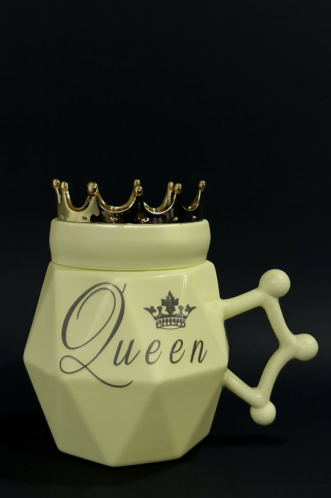 Light Yellow Queen Ceramic Mug with Golden Crown Lid and Royal Handle – Diamond Cut Design Tea & Coffee Cup for Women, Wife, Mom – Elegant Gift Mug for Her
