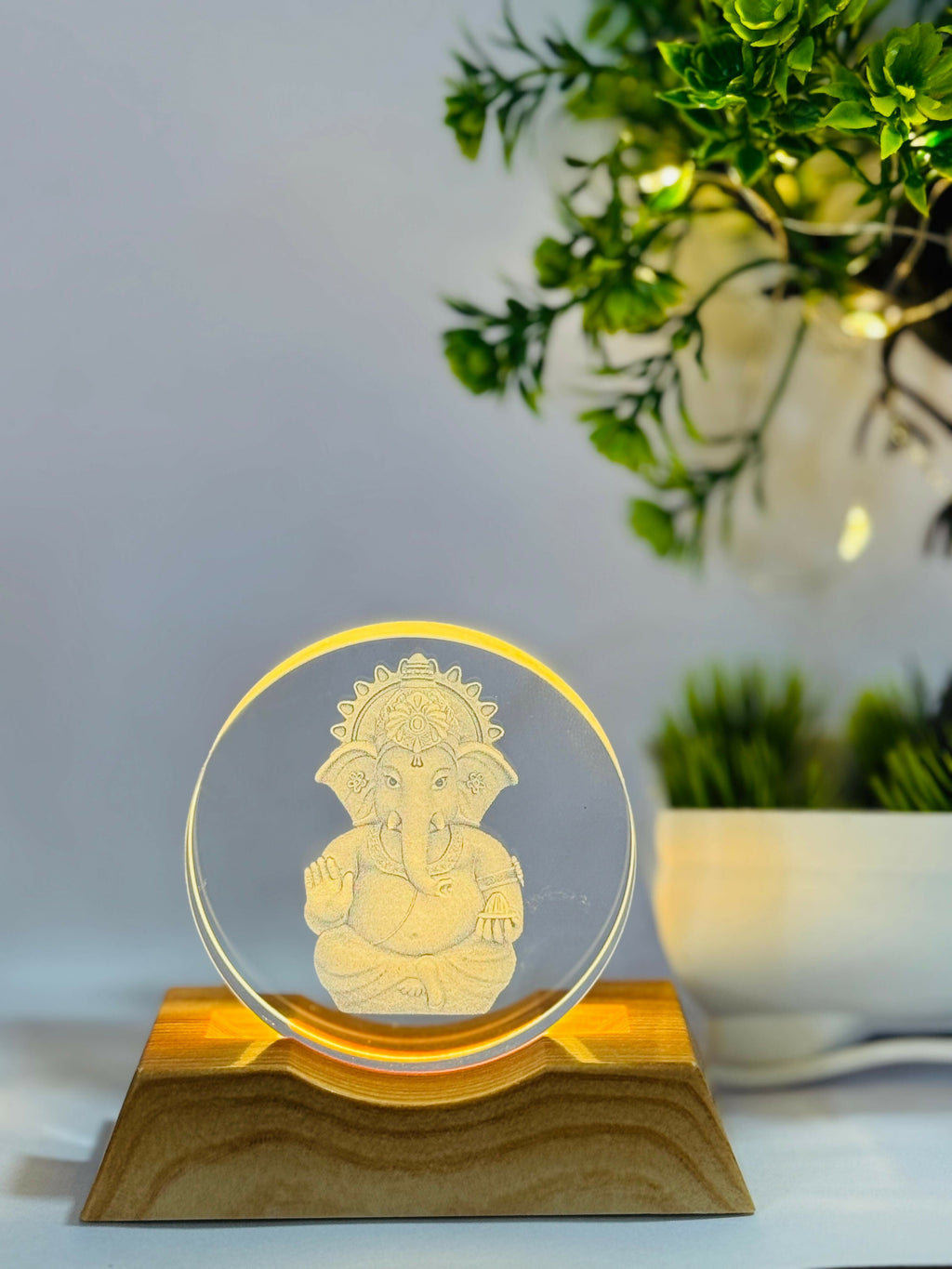 Lord Ganesha 3D LED Night Lamp with Wooden Base | Laser Engraved Acrylic Ganpati Light for Home Temple, Office, Festive Decor & Gifting | Spiritual Warm Glow Lamp for Bedroom & Living Room