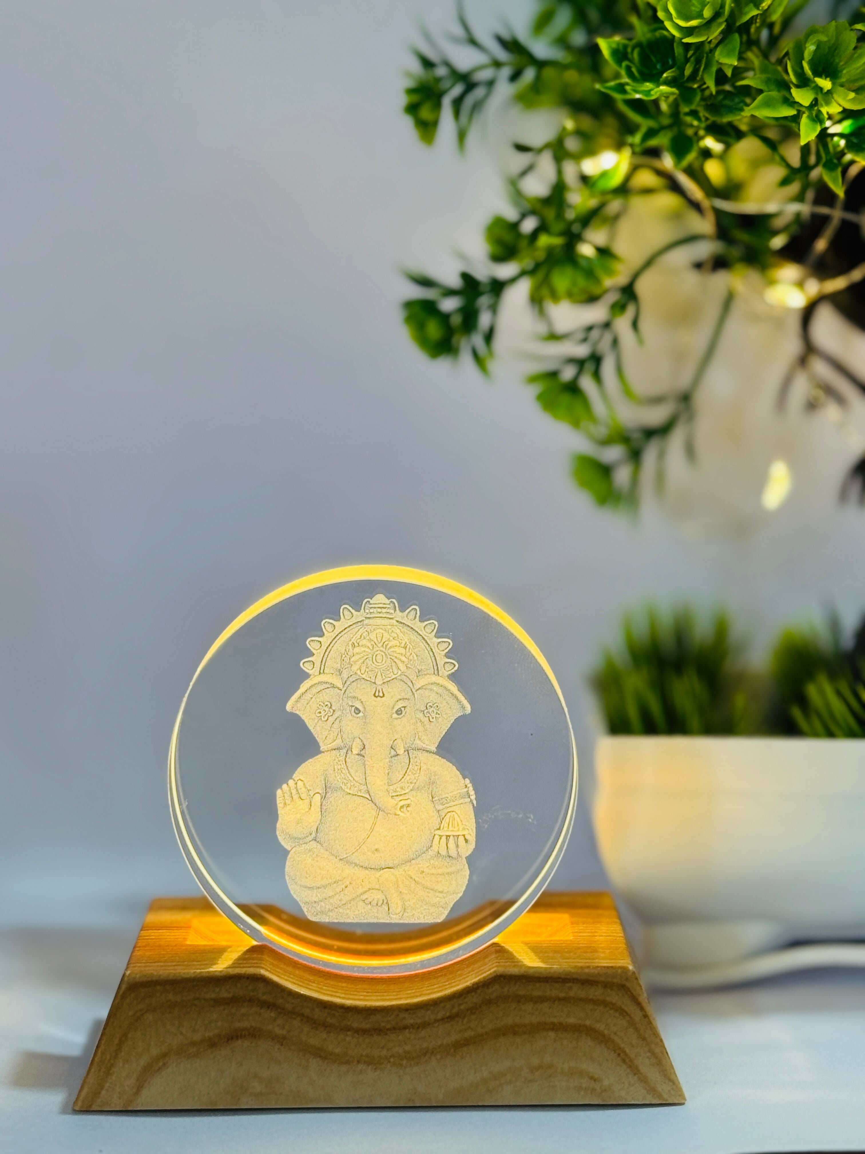 Lord Ganesha 3D LED Night Lamp with Wooden Base | Laser Engraved Acrylic Ganpati Light for Home Temple, Office, Festive Decor & Gifting | Spiritual Warm Glow Lamp for Bedroom & Living Room