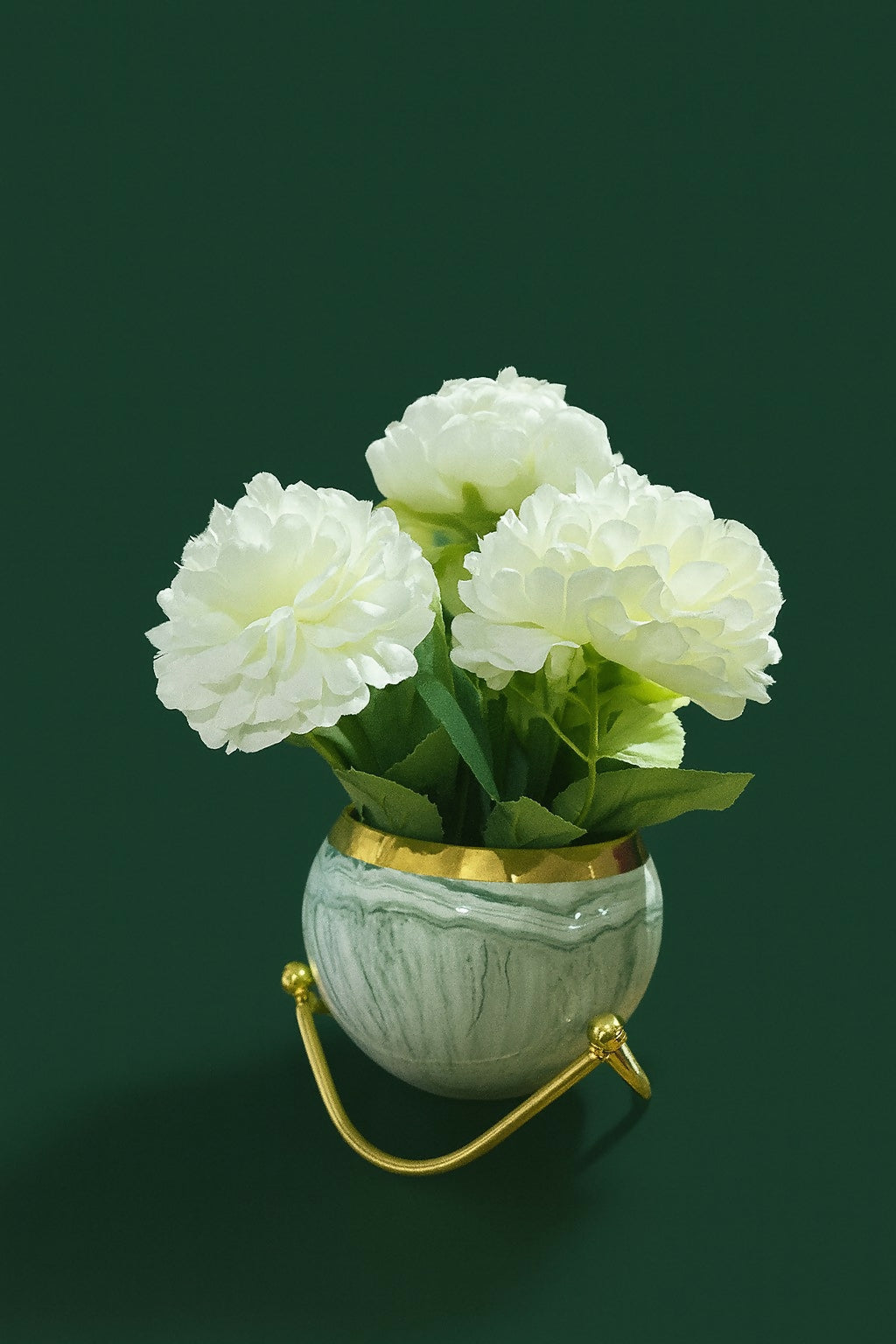 Luxury Artificial White Peony Flower Arrangement in Marble Finish Ceramic Pot with Gold Rim – Elegant Home Décor Table Centerpiece with Metal Stand for Living Room, Office, and Gifting