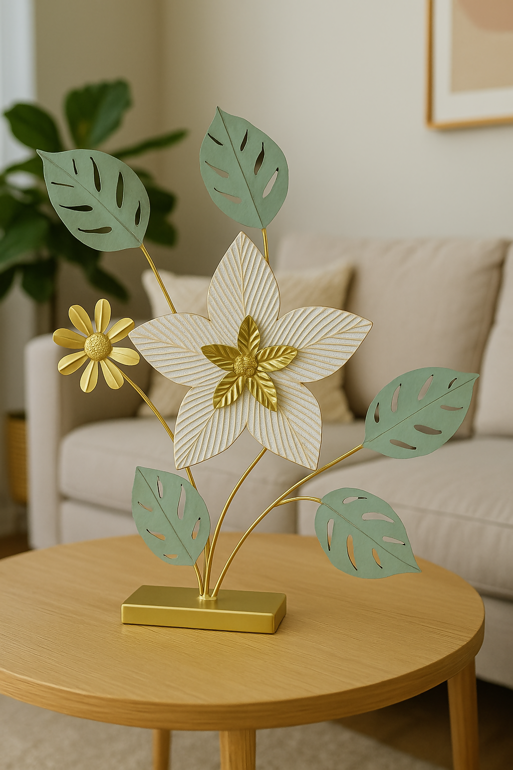 HOME DECOR Elegant Metal Flower Table Decor – Gold & Green Leafy Floral Sculpture for Home