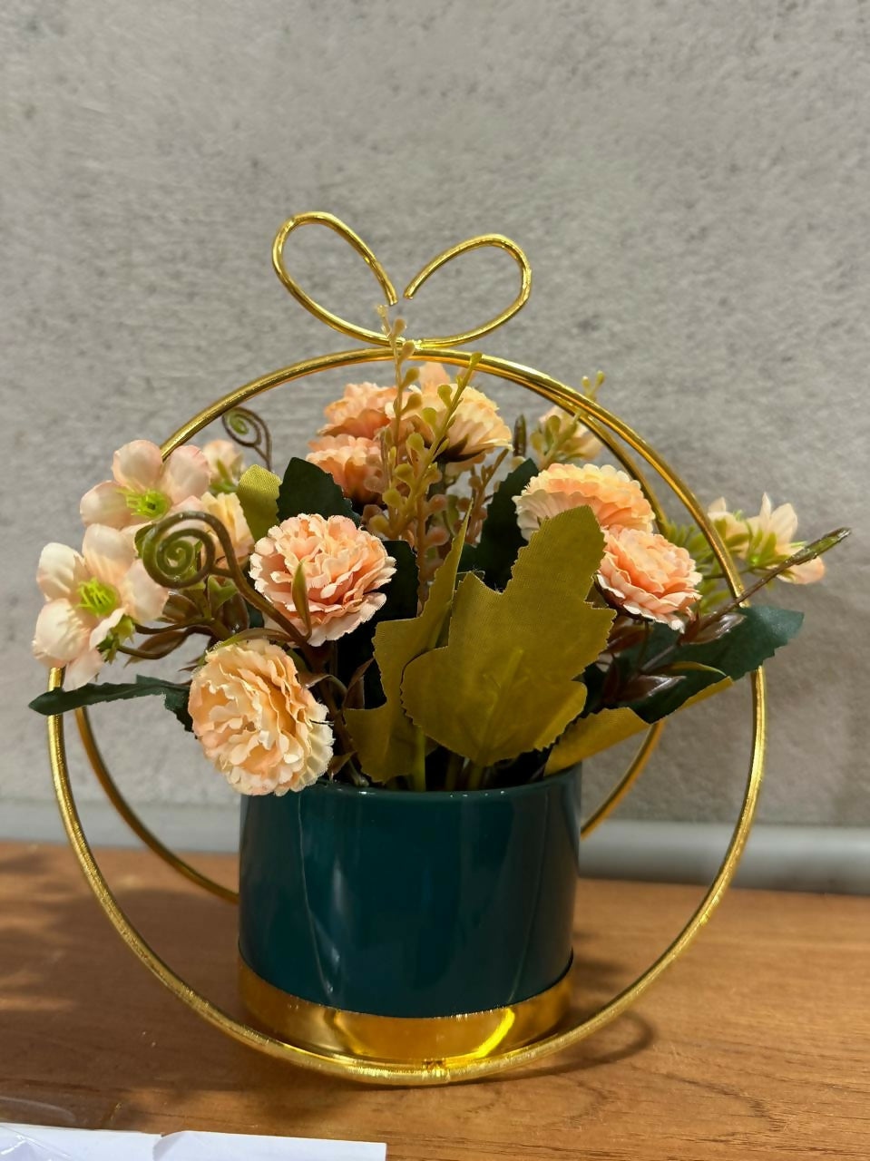 Golden Triangle Frame Flower Stand with Artificial Peach & Pink Blooms in Glossy Dark Green Pot – Elegant Tabletop Floral Arrangement for Home, Office & Gift Décor