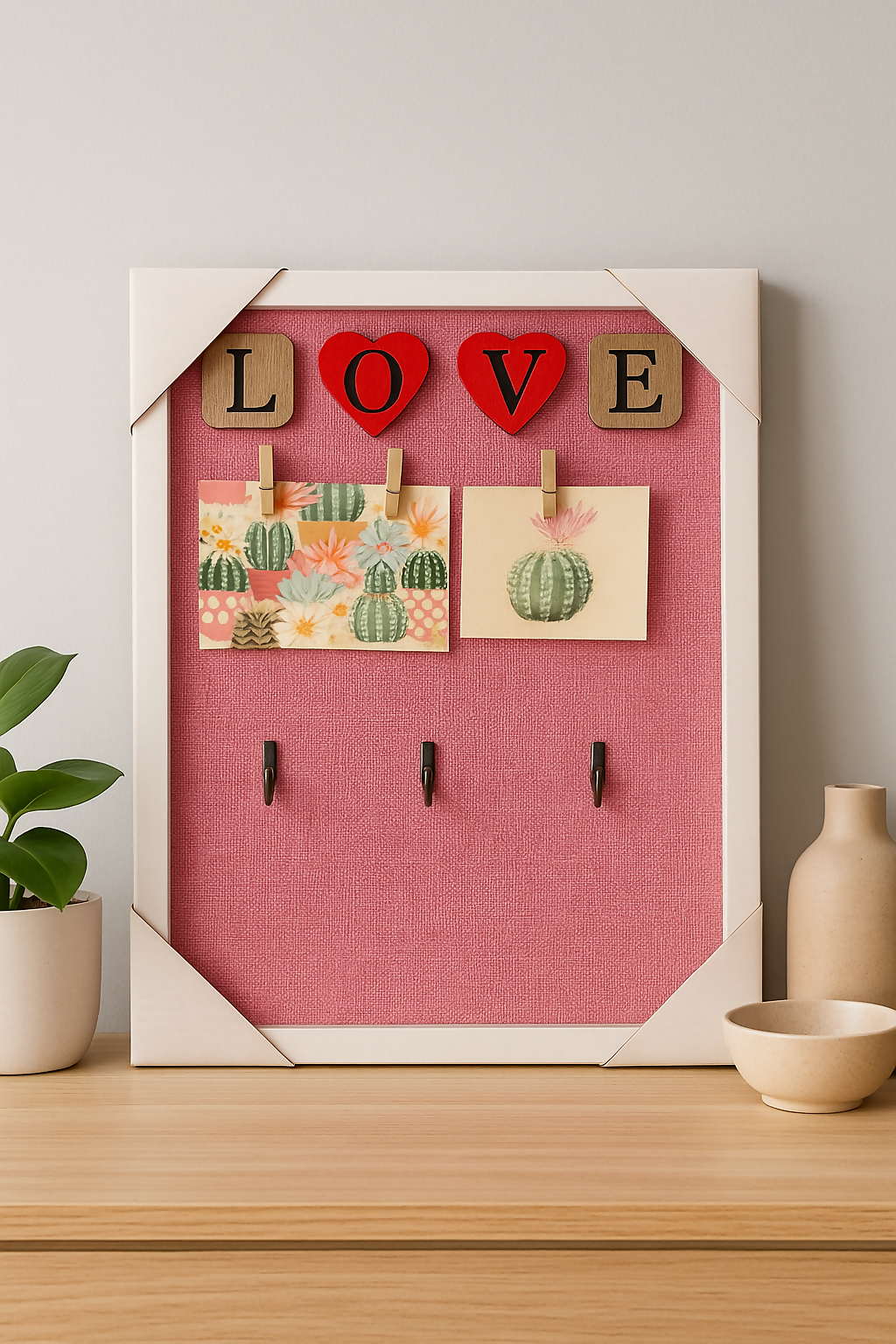 LOVE-Themed Decorative Photo Clip Board with Hooks – Pink Fabric Pinboard with Heart Letters, Wooden Frame, and Hanging Pegs – Wall Mounted Organizer for Notes, Photos, and Keys – Cute Home or Gift Décor