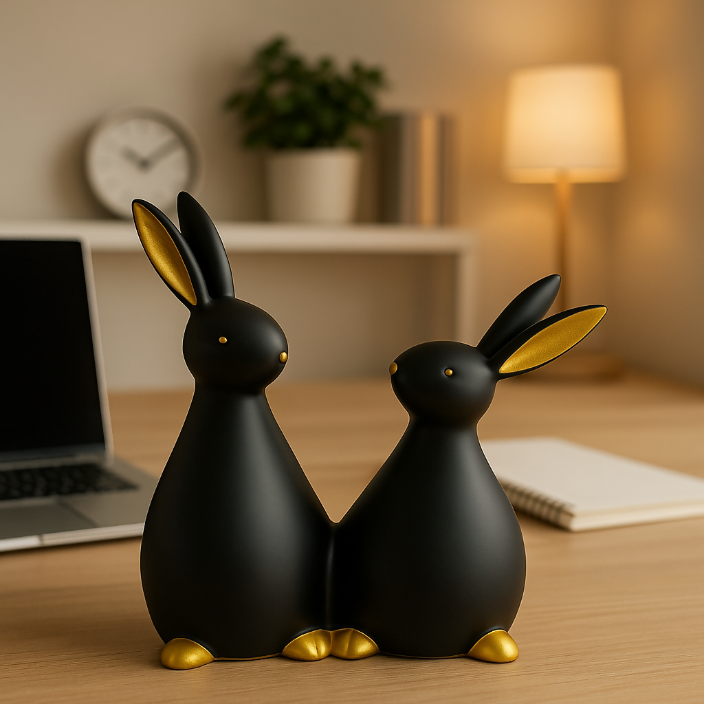 HOME DECOR Black & Gold Resin Bunny Couple Showpiece  – Cute Minimalist Animal Sculpture