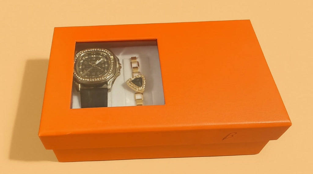 Luxury Women’s Gift Set with Designer Necklace, Bracelet, and Analog Watch in Elegant Box | Stylish Black & Gold Jewelry Combo for Birthdays, Anniversaries, and Festive Gifting