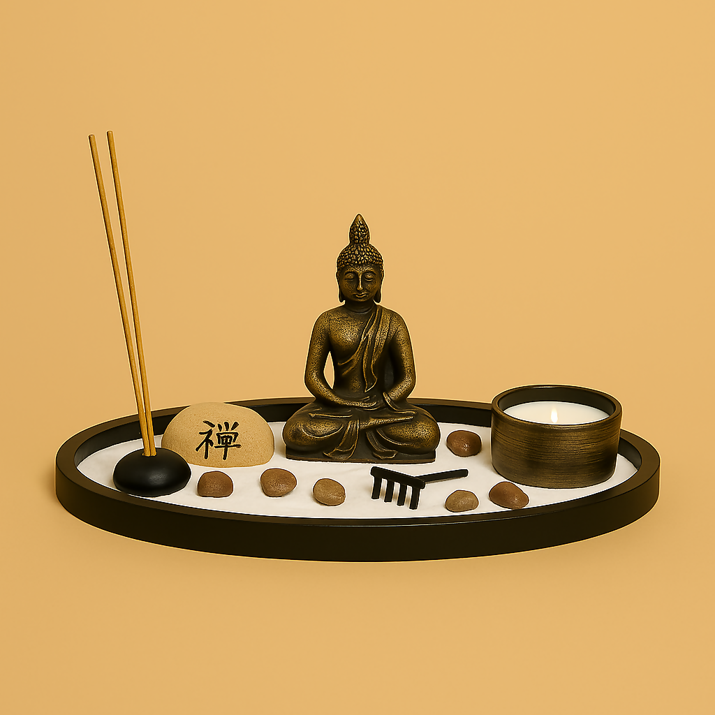 Oval Zen Garden with Buddha Statue – Tabletop Meditation Set with Candle, Incense Holder, Stones & Sand Tray – Spiritual Decor for Home or Office