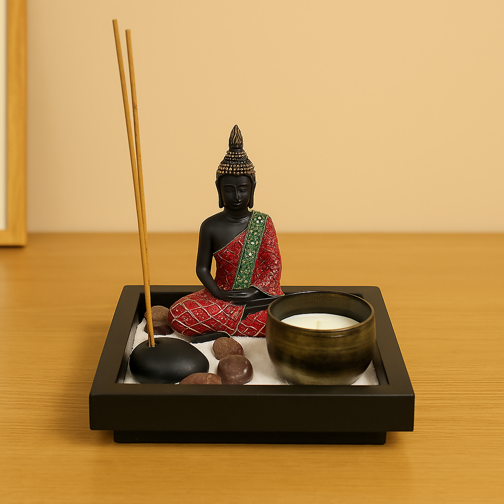 Zen Buddha Meditation Set with Candle & Incense Holder – Mini Sand Garden with Black Tray, Stones & Peaceful Decor – Ideal for Home, Office or Gifting