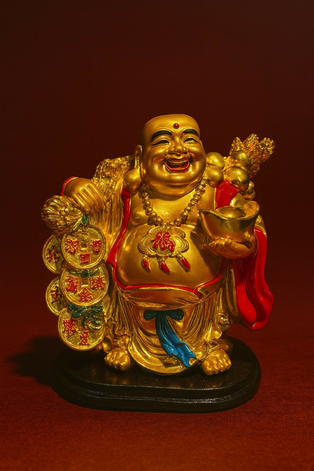 Golden Laughing Buddha Idol with Coins & Gold Ingot – Multicolor Feng Shui Resin Statue for Good Luck, Wealth & Prosperity – Decorative Smiling Buddha Showpiece for Home, Office & Shop Décor