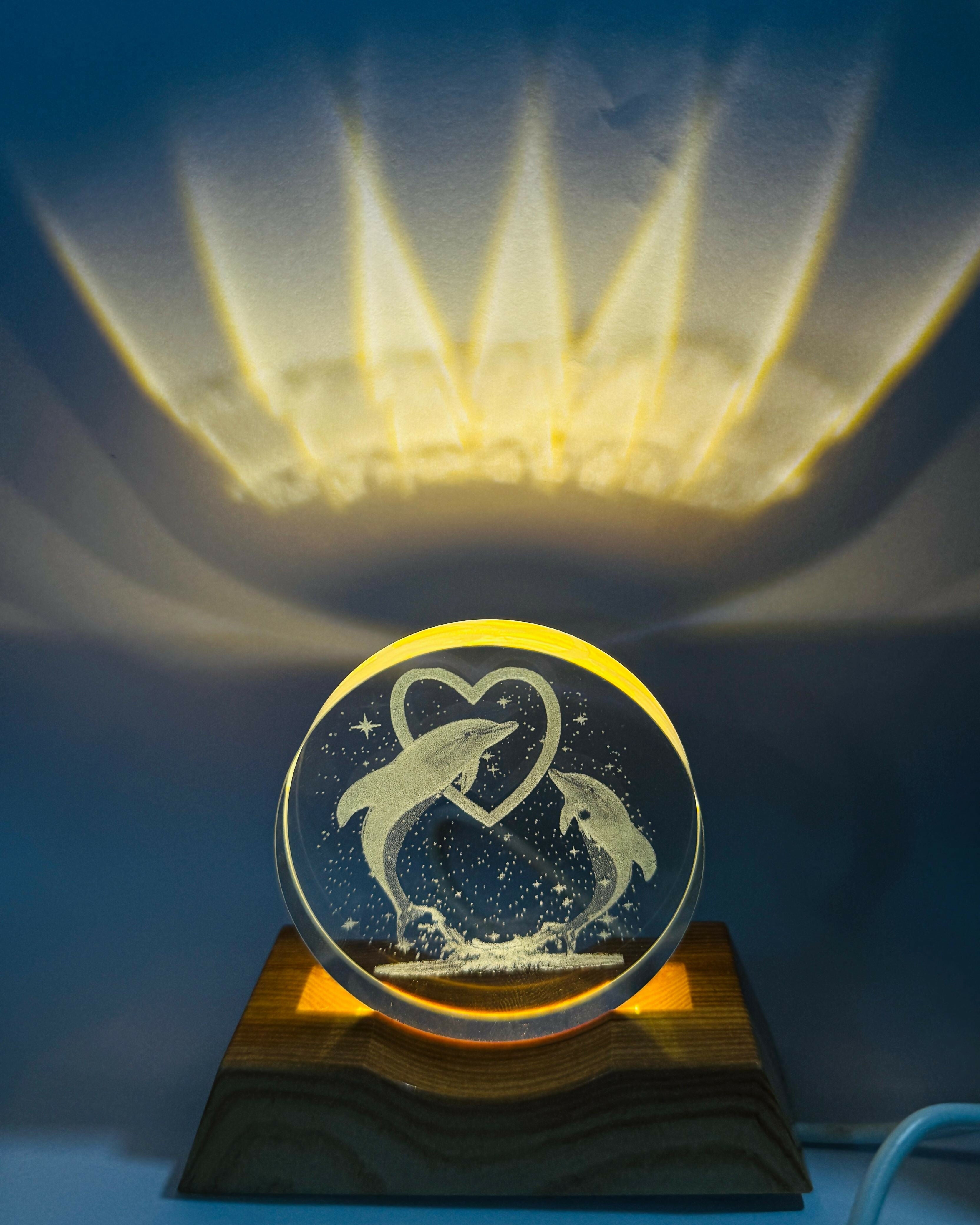 Romantic Dolphin Couple 3D Acrylic LED Night Lamp with Wooden Base – USB Powered Warm Light Crystal Lamp with Heart Design | Love-Themed Bedroom Decor & Unique Gift for Anniversary, Valentine, or Wedding