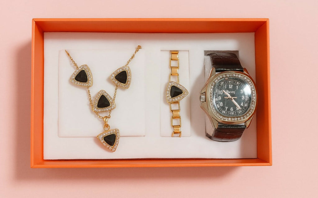 Luxury Women’s Gift Set with Designer Necklace, Bracelet, and Analog Watch in Elegant Box | Stylish Black & Gold Jewelry Combo for Birthdays, Anniversaries, and Festive Gifting