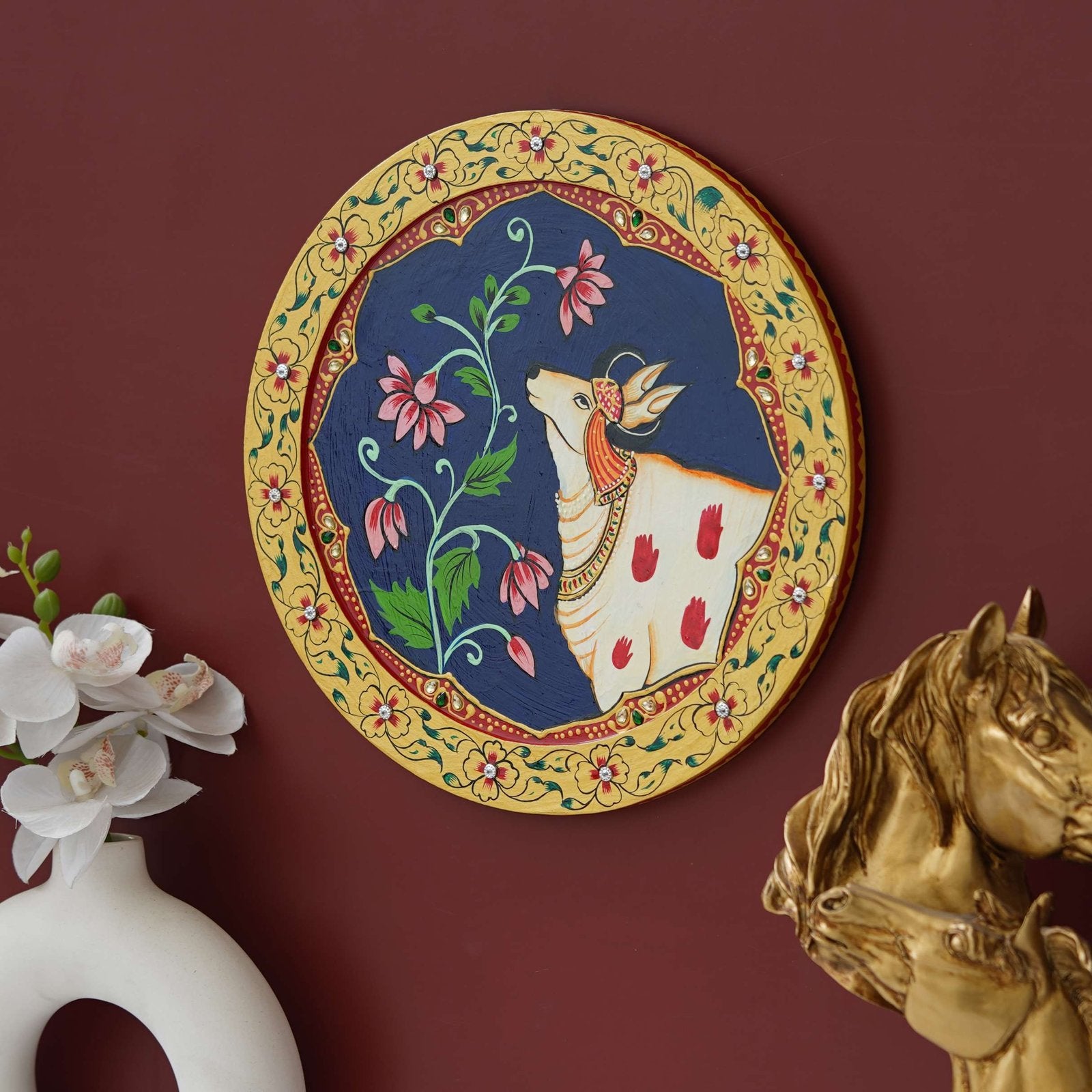 Hand-Painted Pichwai with Cow and Floral Design