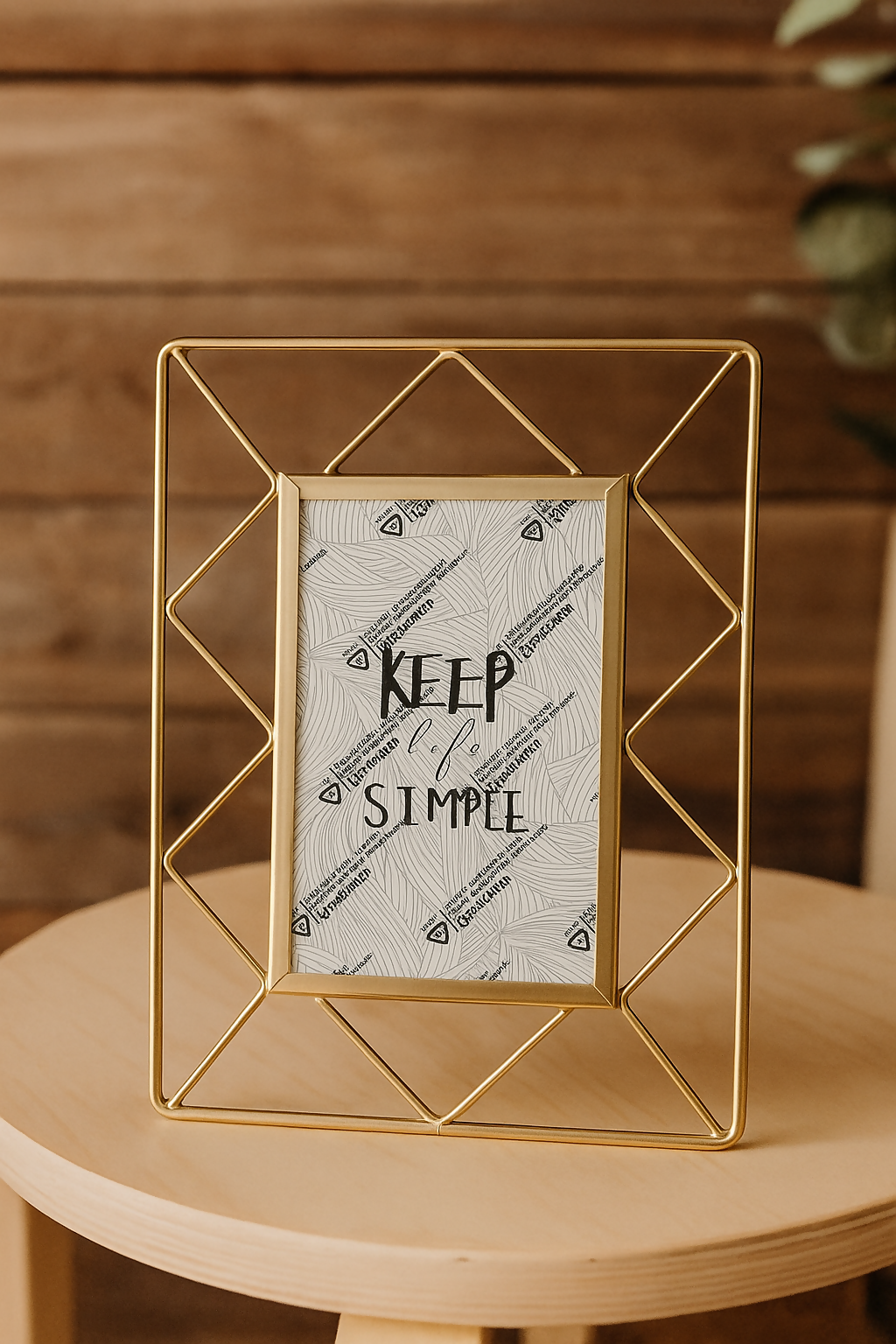 Modern Geometric Gold Metal Photo Frame – Stylish Tabletop Picture Frame for 4x6 Inch Photos with Minimalist Diamond Wire Design, Elegant Home and Office Décor with “Keep Life Simple” Insert