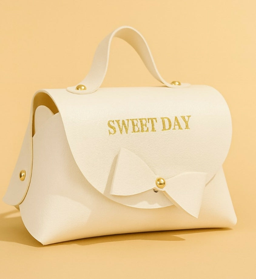 Elegant White PU Leather Mini Gift Handbag with Bow and "SWEET DAY" Print | Cute Candy Pouch, Jewelry Storage Box, Return Gift Bag for Girls & Women