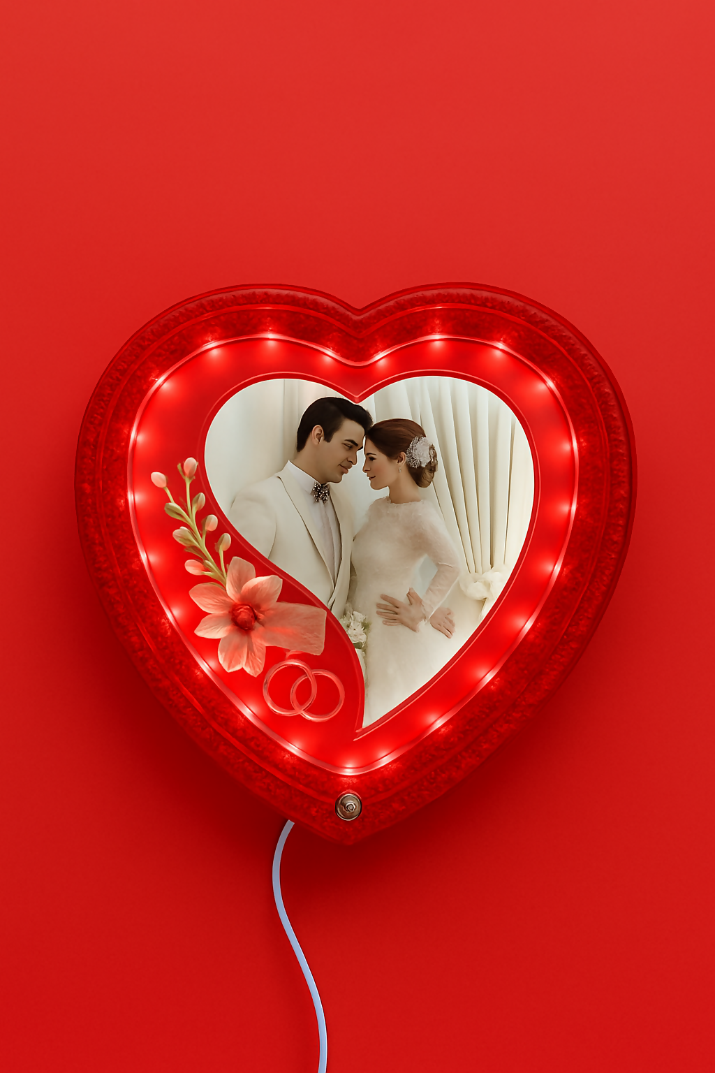 Heart-Shaped LED Wedding Photo Frame | Glowing Red Decorative Picture Frame with Floral Design & Rings | 4x6 Inch Couple Photo Frame | Romantic Gift for Anniversary, Valentine’s Day, Wedding & Home Décor