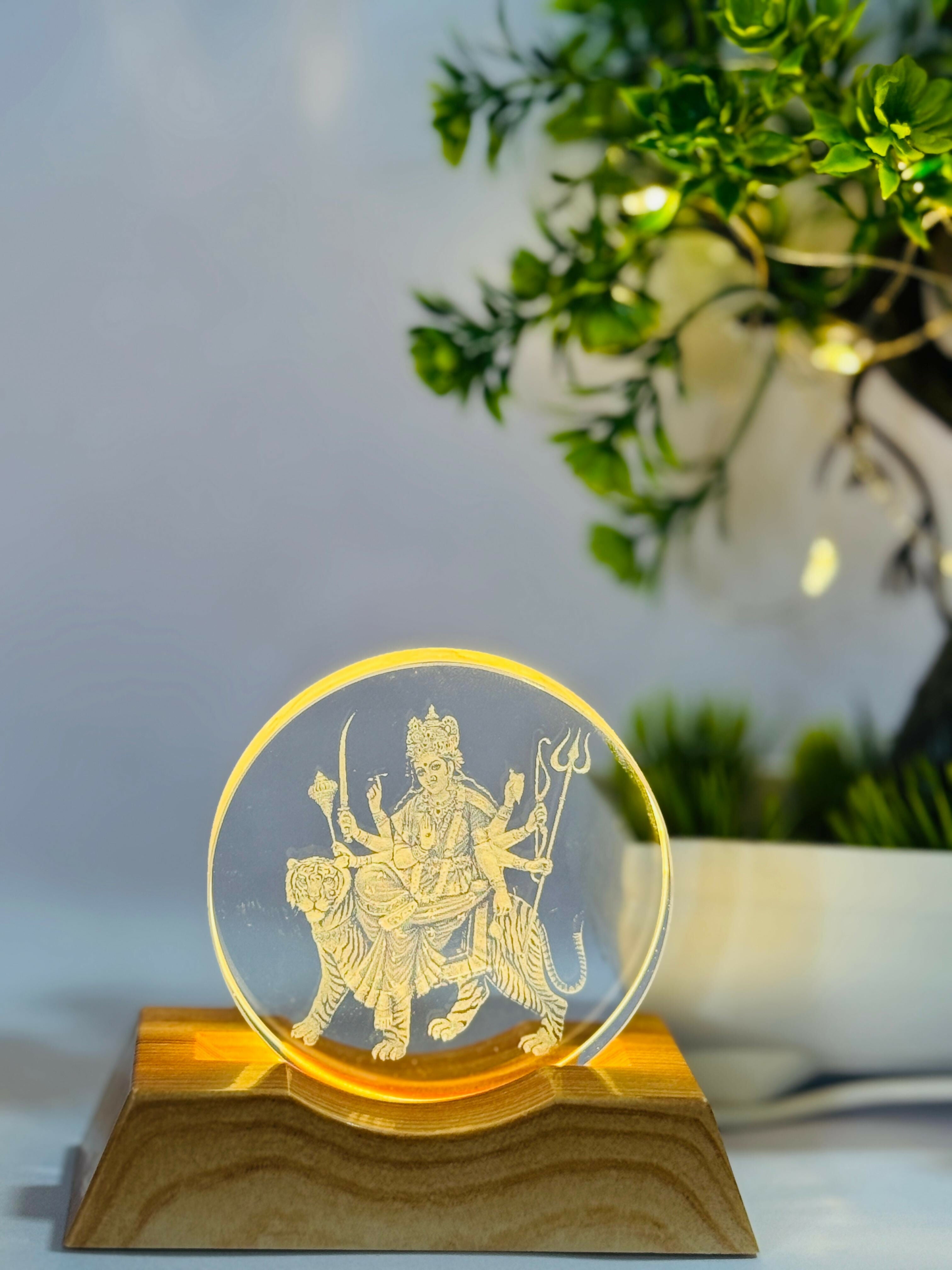 Durga Mata 3D LED Night Lamp with Wooden Base | Laser Engraved Acrylic Light of Goddess Durga on Tiger | Spiritual Home Decor for Mandir, Living Room & Gifting | Warm Glow USB Powered Night Light
