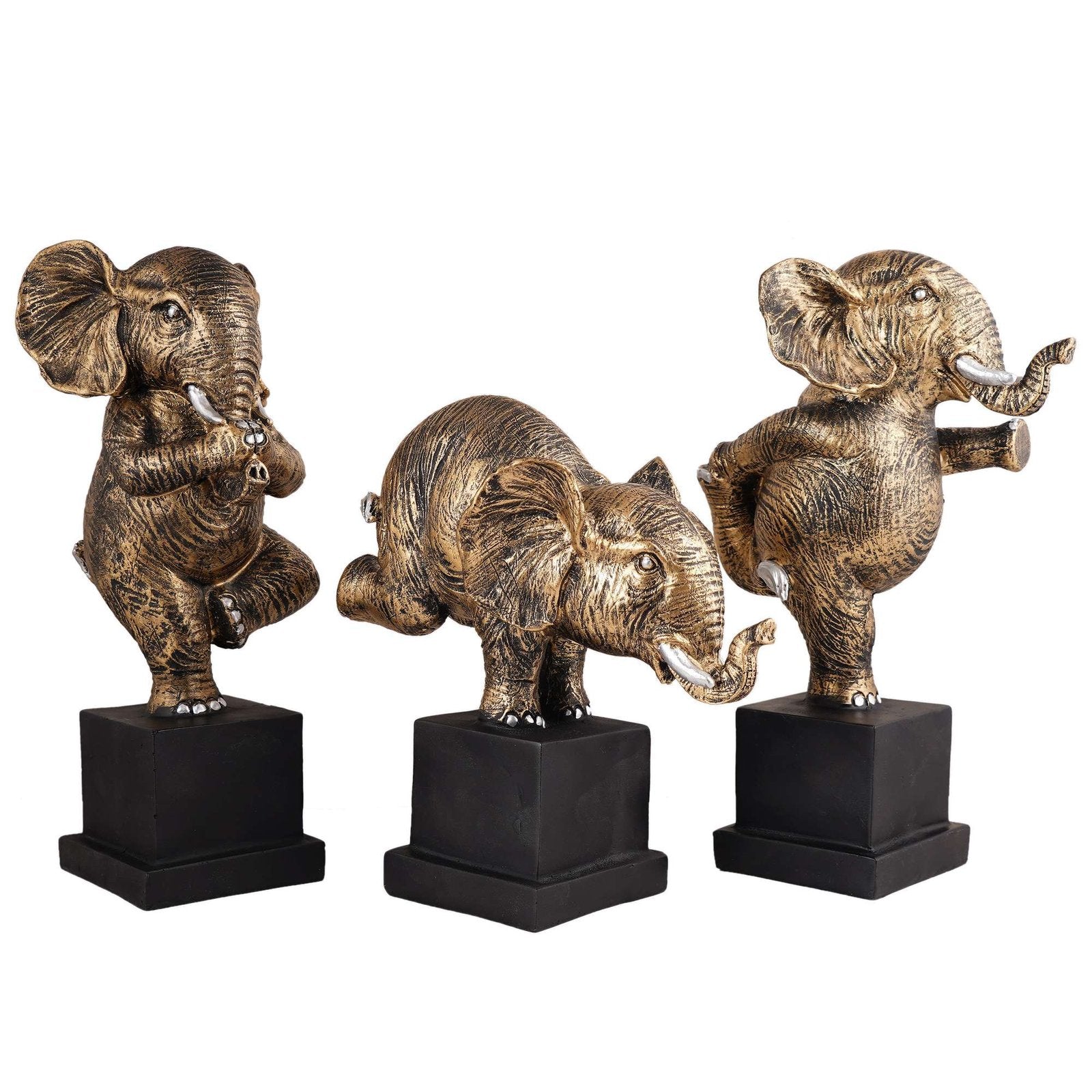 Polyresin Elephant Showpiece Statue and Artifacts for Home Decor, Living Room, Table Decoration for Gifting, Interiors and Diwali Decoration Golden (Set Of 3)