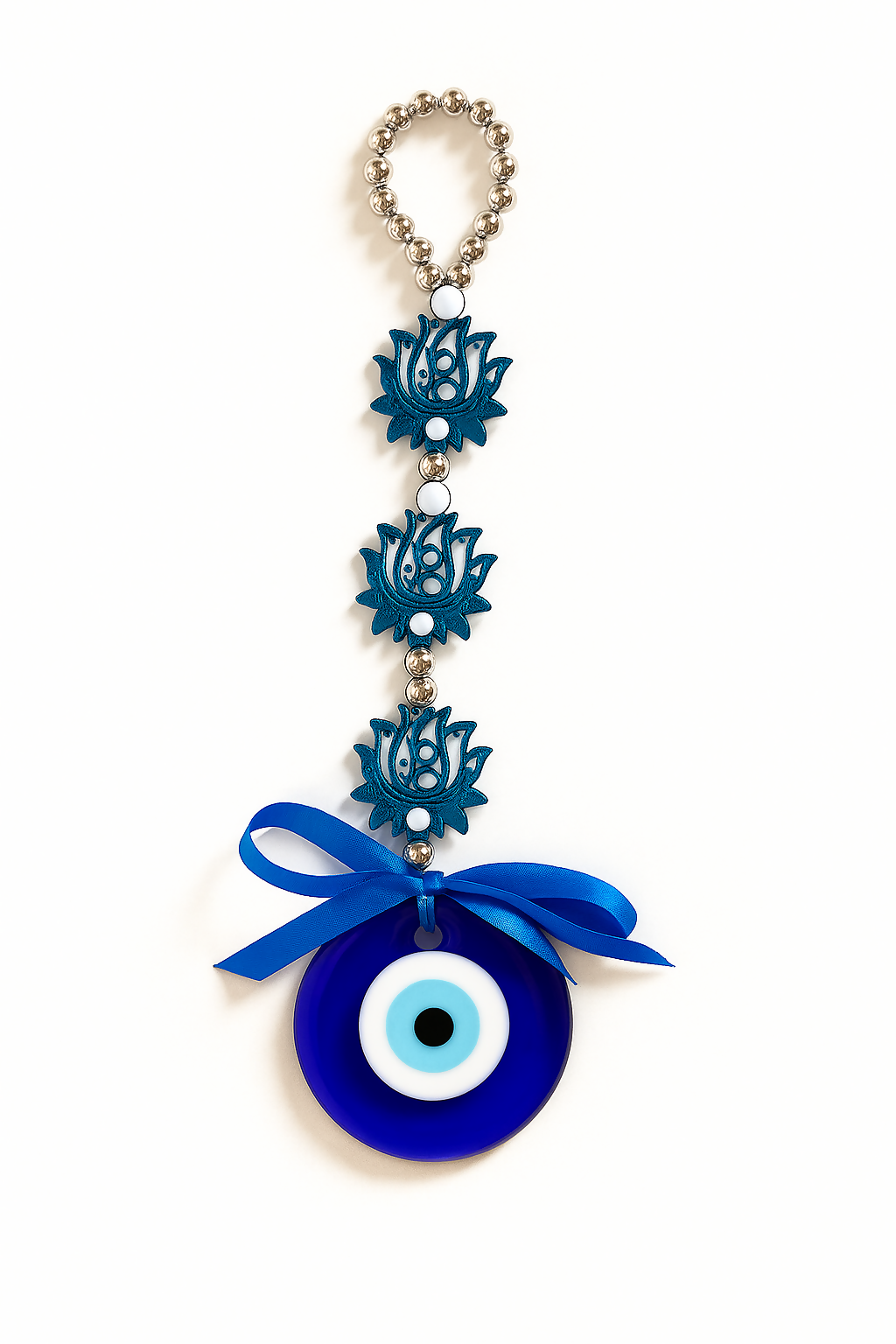 Decorative Evil Eye Hanging with Triple Blue Lotus Motif and Satin Ribbon – Nazar Battu for Home Protection, Spiritual Wall Décor, and Positive Vibes – Ideal for Gifting, Door, Office, or Car Use