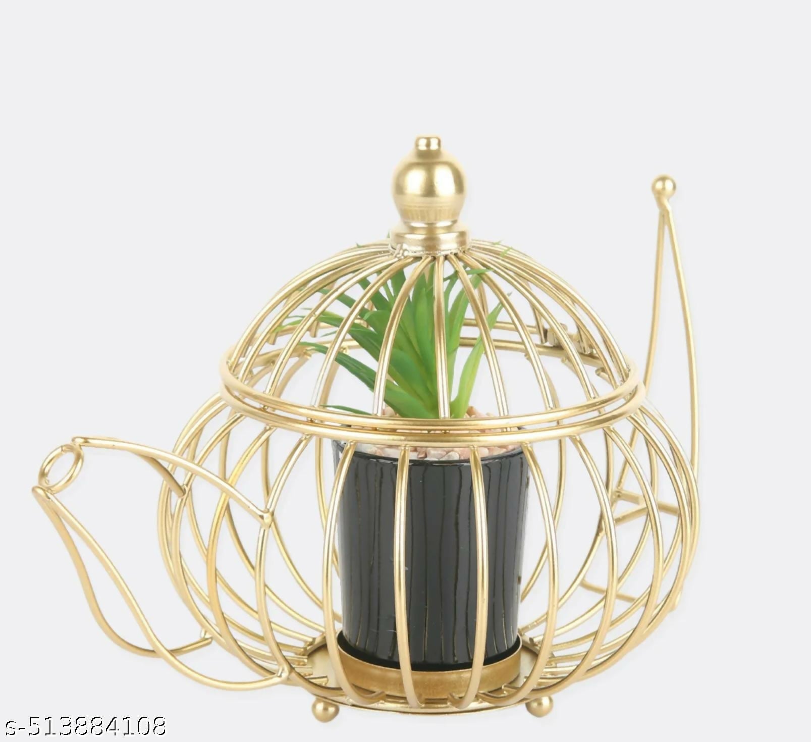 "Elegant Golden Teapot-Shaped Metal Planter Holder with Artificial Succulent in Black Ceramic Pot – Unique Vintage Home Décor Accent – Perfect Gift for Housewarming, Birthday, Anniversary, or Festive Occasions"