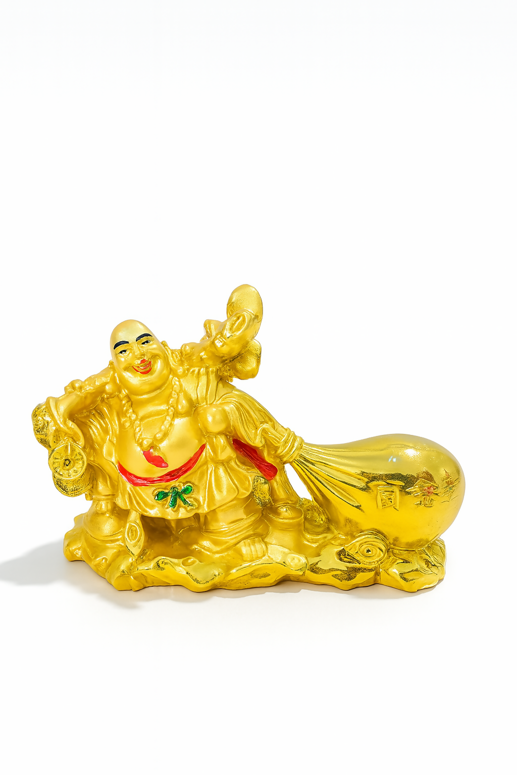 Golden Laughing Buddha Idol with Wealth Bag – Feng Shui Prosperity Statue for Home Decor, Office Desk, Temple & Gifting – Resin Fortune Laughing Buddha Showpiece