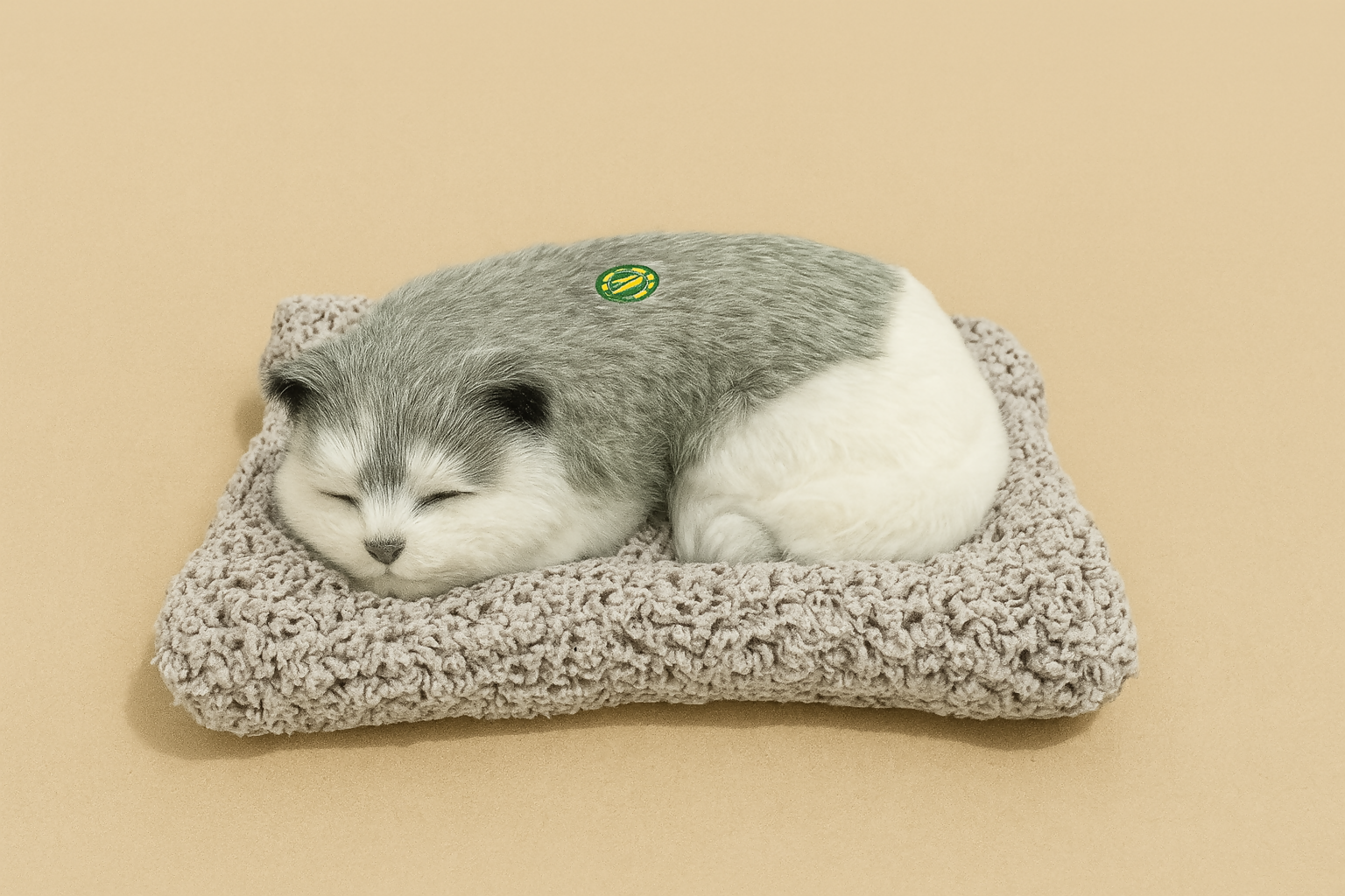 Realistic Sleeping Grey & White Plush Dog Toy with Soft Bed – Faux Breathing Puppy for Car Dashboard & Home Decoration – Cute Pet Lover Gift for Kids & Adults