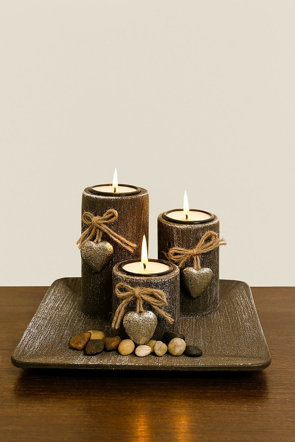 Rustic Brown Heart-Decor Pillar Candle Set with Tray and Pebbles – Handcrafted Scented Candles for Home Decor, Romantic Ambience, and Gift Gifting