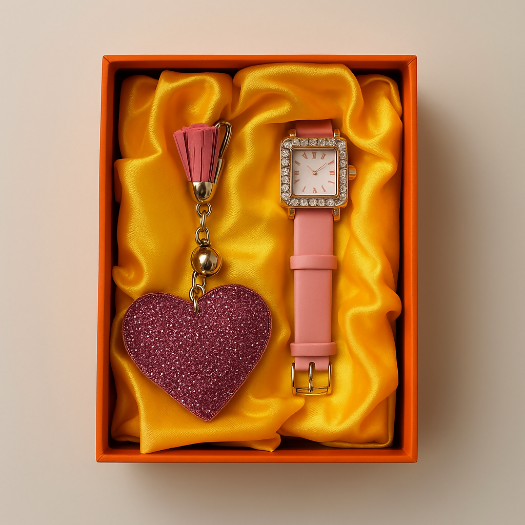 Luxury Girls' Gift Set – Pink Square Dial Analog Watch with Crystal Bezel & Matching Glitter Heart Keychain – Elegant Yellow Satin Gift Box for Birthdays, Anniversaries, Valentine's Day & Special Occasions