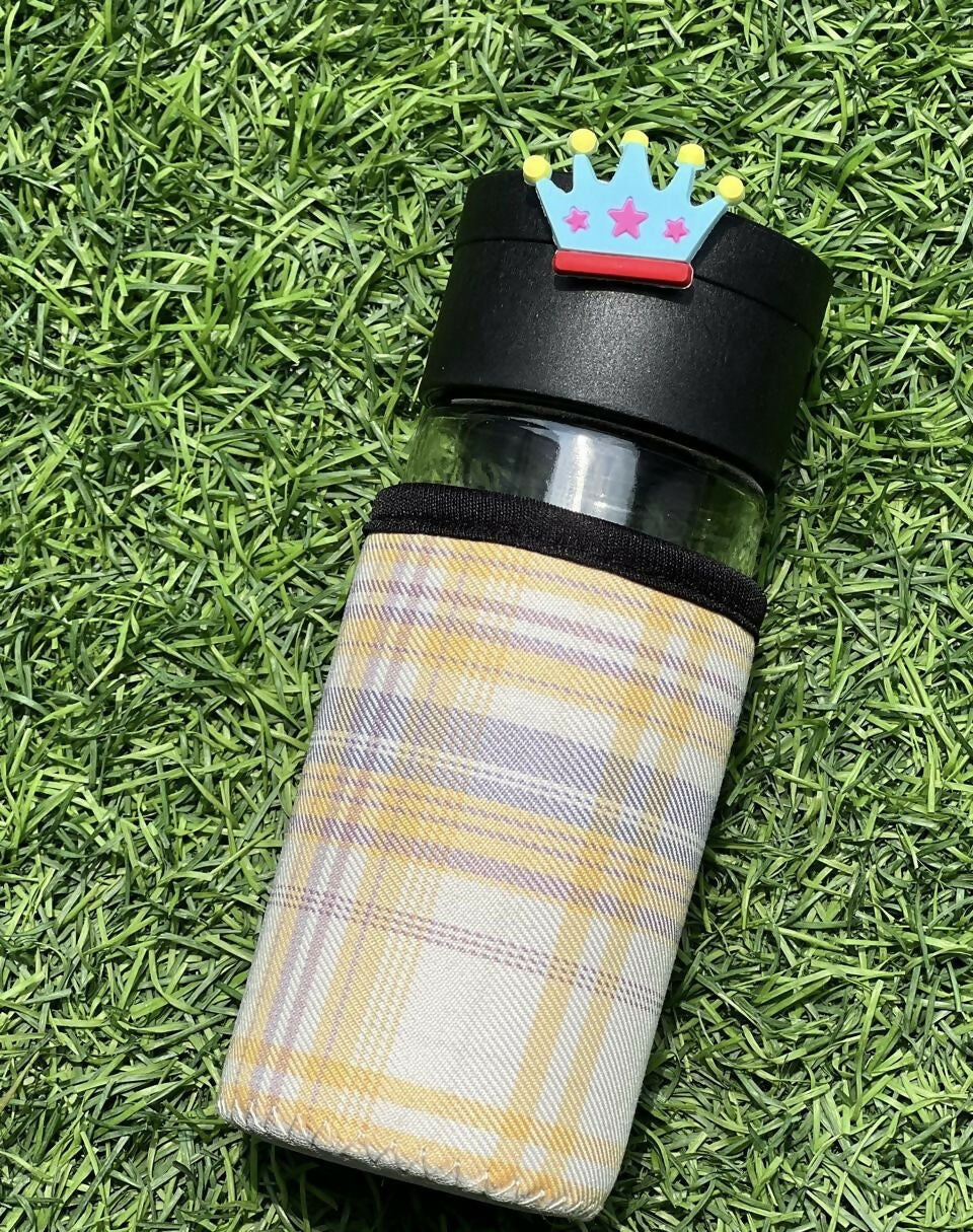 Glass Sipper Bottle with Cute Crown Cap and Stylish Soft Plaid Cover – Reusable, Eco-Safe Bottle for Daily Hydration at School, College, or Outdoors
