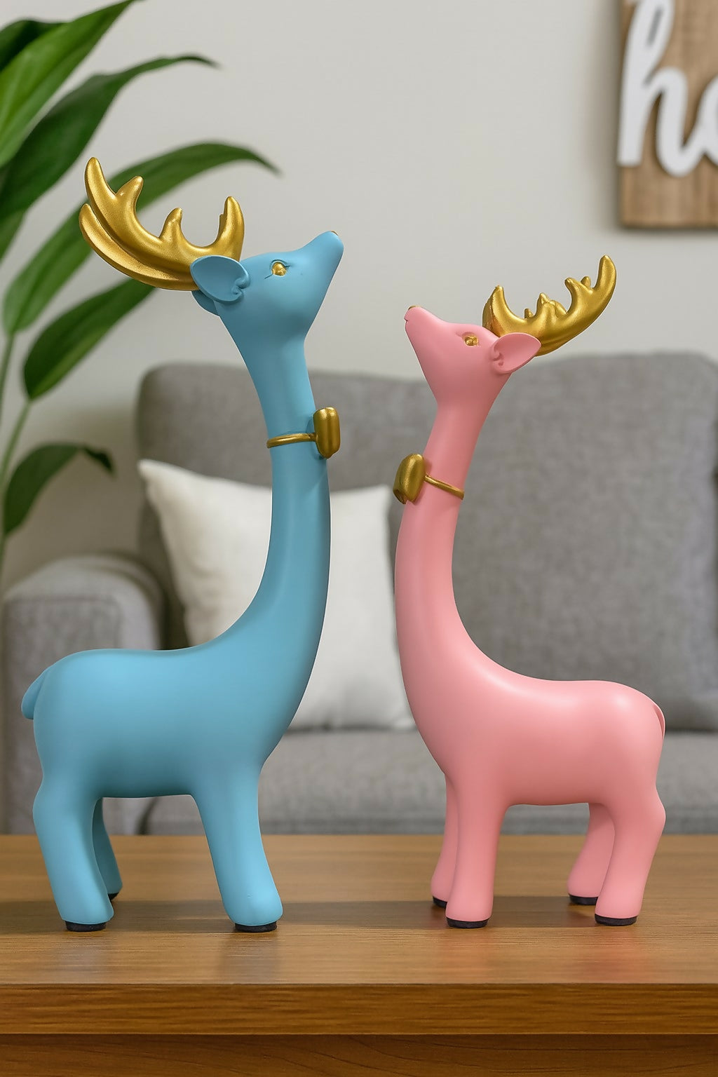 HOME DECOR Romantic Deer Couple Resin Showpiece Set | Blue & Pink Antlered Reindeer Statues for Home Décor, Living Room, Tabletop, Shelf & Gift Decoration – Set of 2