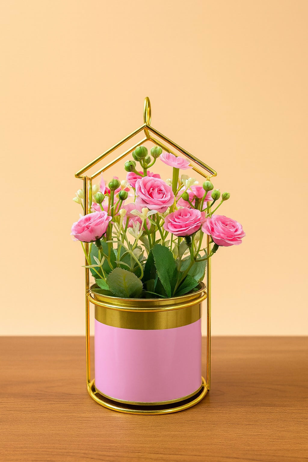 Golden Metal Frame House-Shaped Stand with Artificial Pink Roses in Glossy Pink Pot – Decorative Flower Arrangement for Home, Office, and Gift Use