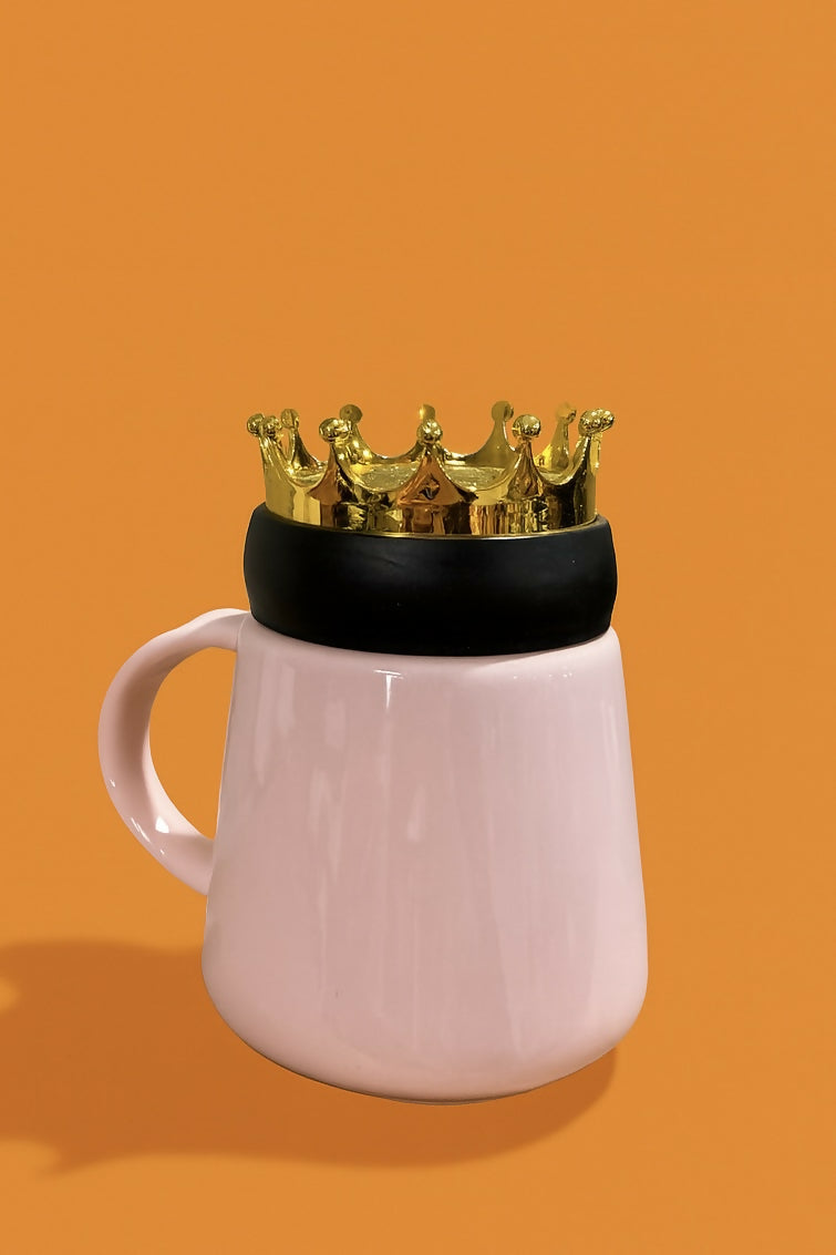 Pink Ceramic “Crown Love” Mug with 3D Golden Crown Lid – Stylish Coffee Cup for Girls, Women, Teens – Romantic Gift Mug with Heart and Crown Print – Cute Tea Cup