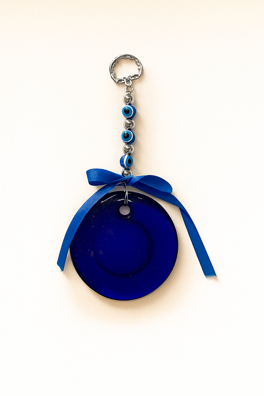 Handcrafted Blue Evil Eye Wall Hanging with Glass Beads and Satin Bow – Turkish Nazar Protection Charm for Home & Office Decor – Decorative Hanging Amulet for Positive Energy & Warding Off Negativity