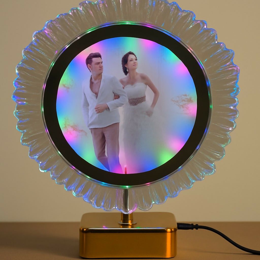 Personalized Round LED Crystal Photo Frame with Golden Base | Glowing Multi-Color Light Wedding Anniversary Gift for Couples, Birthday, Valentine’s Day, Home Décor Night Lamp