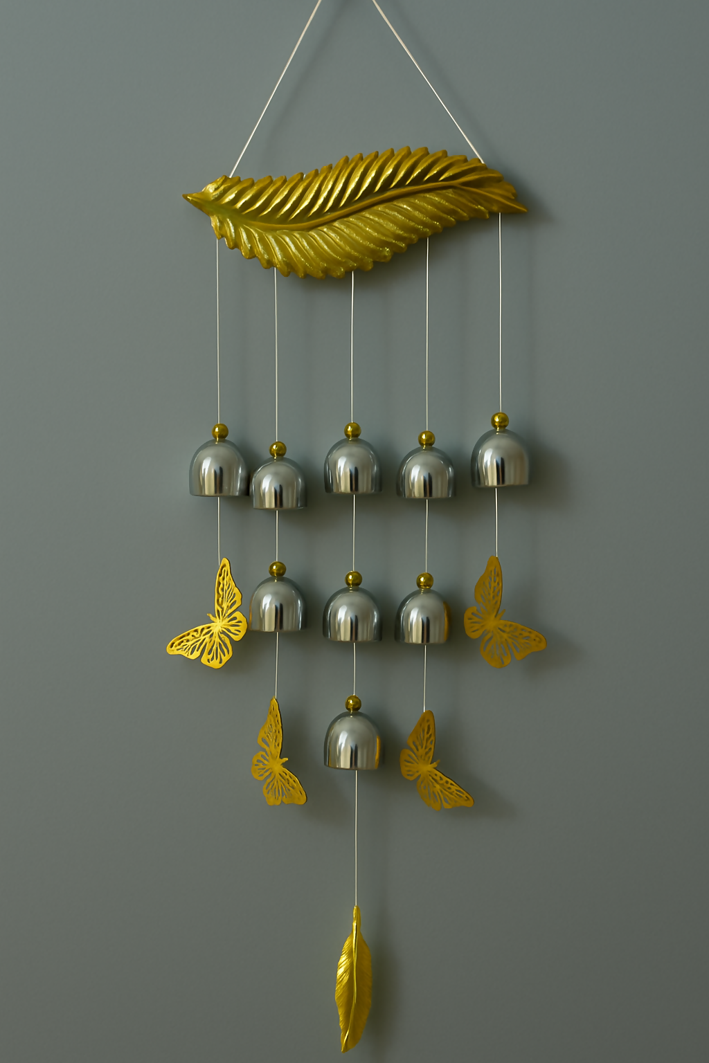 Elegant Golden Leaf Wind Chime with Silver Bells and Hanging Golden Butterflies – Decorative Wall Hanging Bell Chime for Home, Balcony, Garden, or Indoor Feng Shui Accents – Soothing Sound & Aesthetic Charm