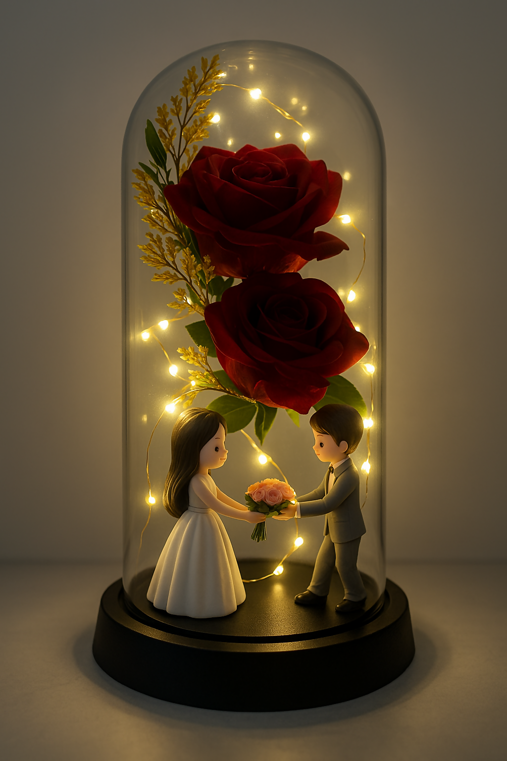 Glass Dome LED Rose Showpiece with Couple Figurine – Enchanted Forever Flower Light for Anniversary, Wedding, Valentine’s Day or Proposal Gift – Decorative Night Lamp with Red Roses and Fairy Lights