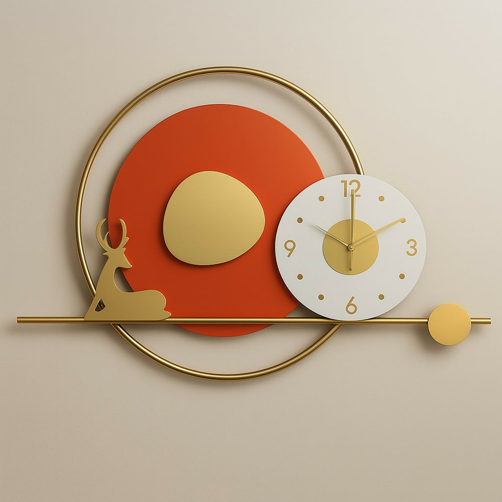HOME DECOR Luxury Modern Designer Wall Clock with Golden Deer Motif – Abstract Art-Inspired Silent Quartz Clock for Living Room, Hallway, Office & Home Décor – Metal Frame with Red, White & Gold Accents