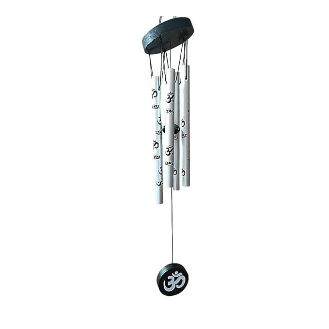 Spiritual Om Wind Chime with Metallic Pipes – Sacred Sound Feng Shui Wind Bell for Positive Energy, Home Decor, Balcony, Garden, or Meditation Room – Silver and Black Hanging Chime with 'Om' Symbol