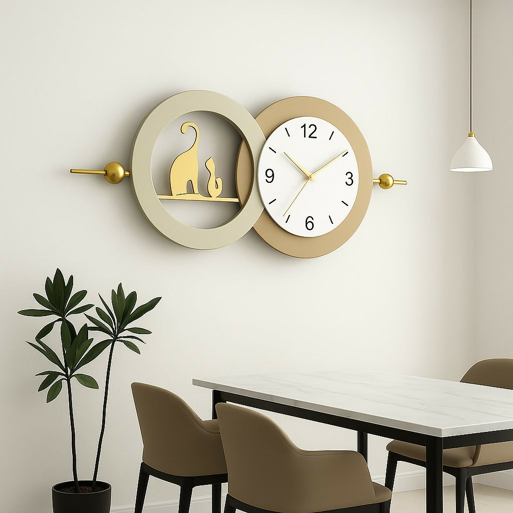 HOME DECOR Modern Designer Cat Theme Wall Clock with Dual Ring Art Frame – Silent Quartz Movement Luxury Clock for Living Room, Dining Room, Office & Bedroom – Decorative Gold and Beige Metal Wall Décor