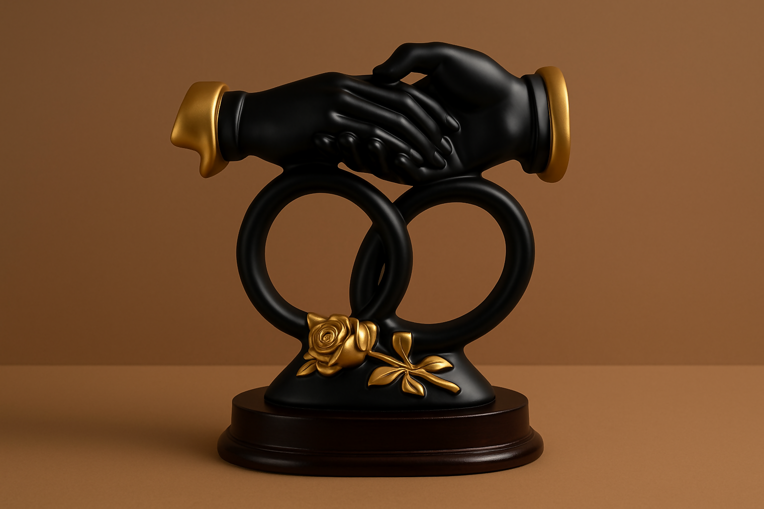 HOME DECOR Elegant Black & Gold Handshake Couple Showpiece with Dual Rings and Rose Design | Romantic Resin Sculpture for Home Decor, Anniversary Gift, Wedding Decor, or Table Centerpiece