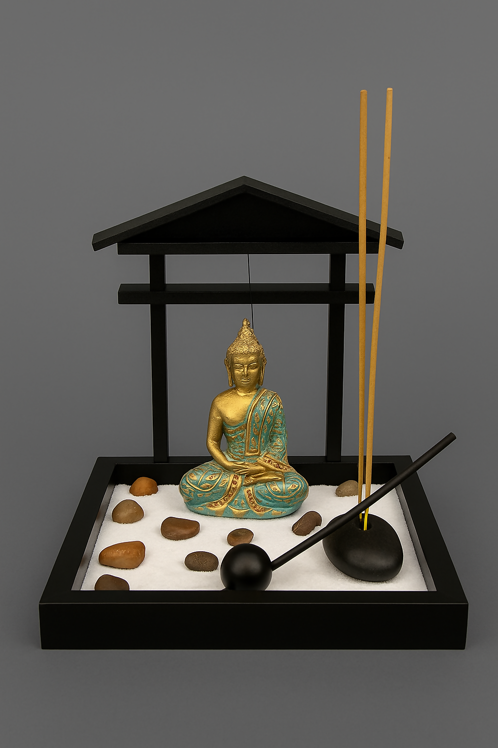 Zen Buddha Tabletop Meditation Set with Incense Holder – Miniature Sand Garden with Statue, Rocks & Tray – Home & Office Spiritual Decor