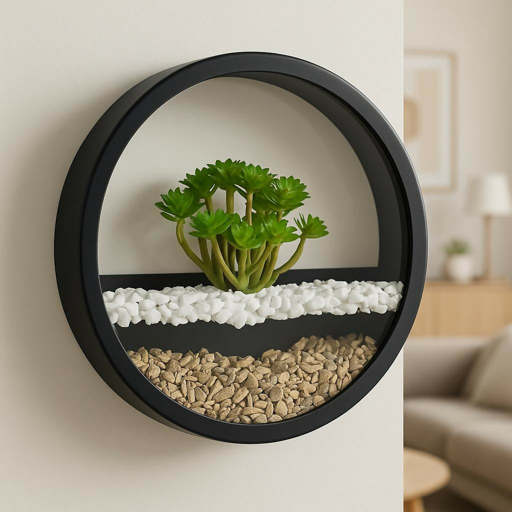 HOME DECOR Round Wall Hanging Frame with Artificial Green Plant and Decorative Pebbles – Modern Circular Wall Mounted Planter for Home Decor, Living Room, Bedroom, Office – Black Metal Frame